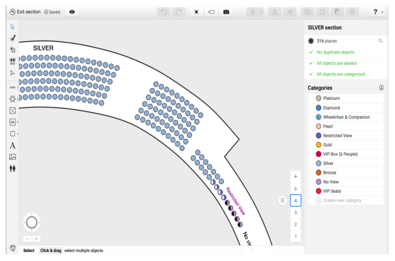 The Seating plan tool in action for a larger, multi-section seating plan.